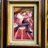 Jean Pesce. Nude with flowered sheets. Oil panel signed and framed