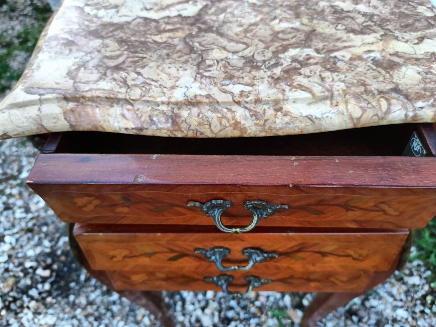 Louis xv style marble top marquetry bedside tables