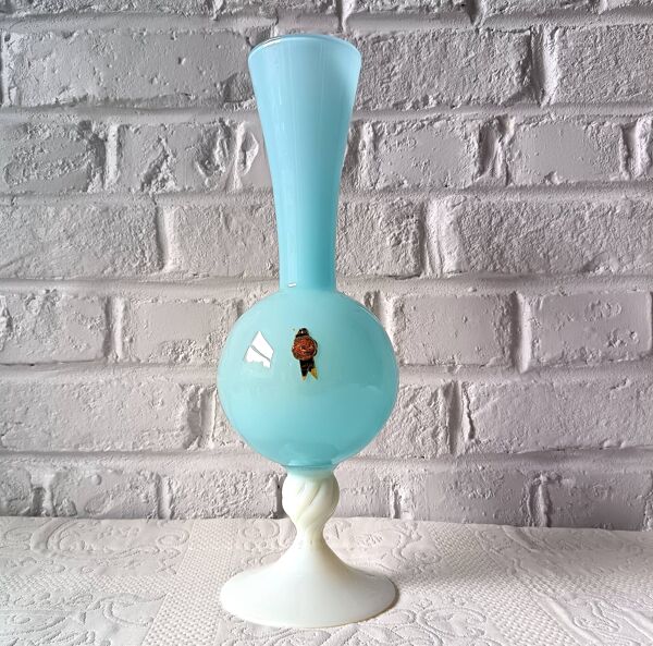 Grand VASE décoratif rétro pied opaline bleue, vase vintage Italie