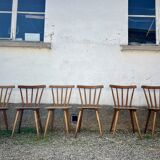 Set of 6 vintage bistro chairs – Warm stained wood – Compass legs