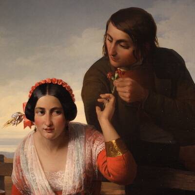 Great painting signed FB and dated 1853, the lovers
