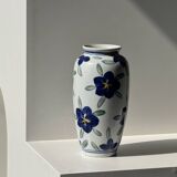 Vase white background stylized blue, yellow and green flowers H24.5 D12