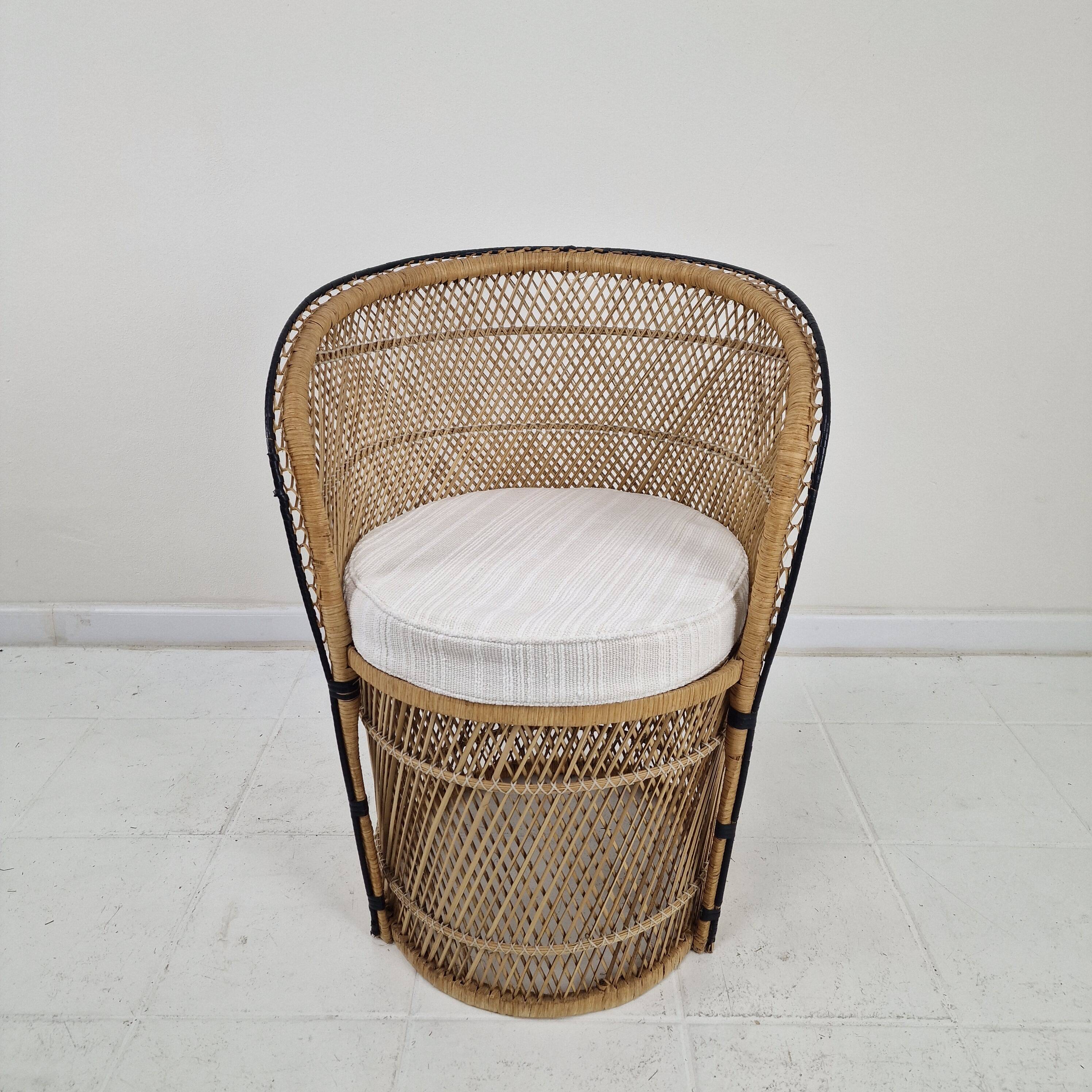 Boho Chic Rattan Barrel Chair with Custom Outdoor Cushion 1970's