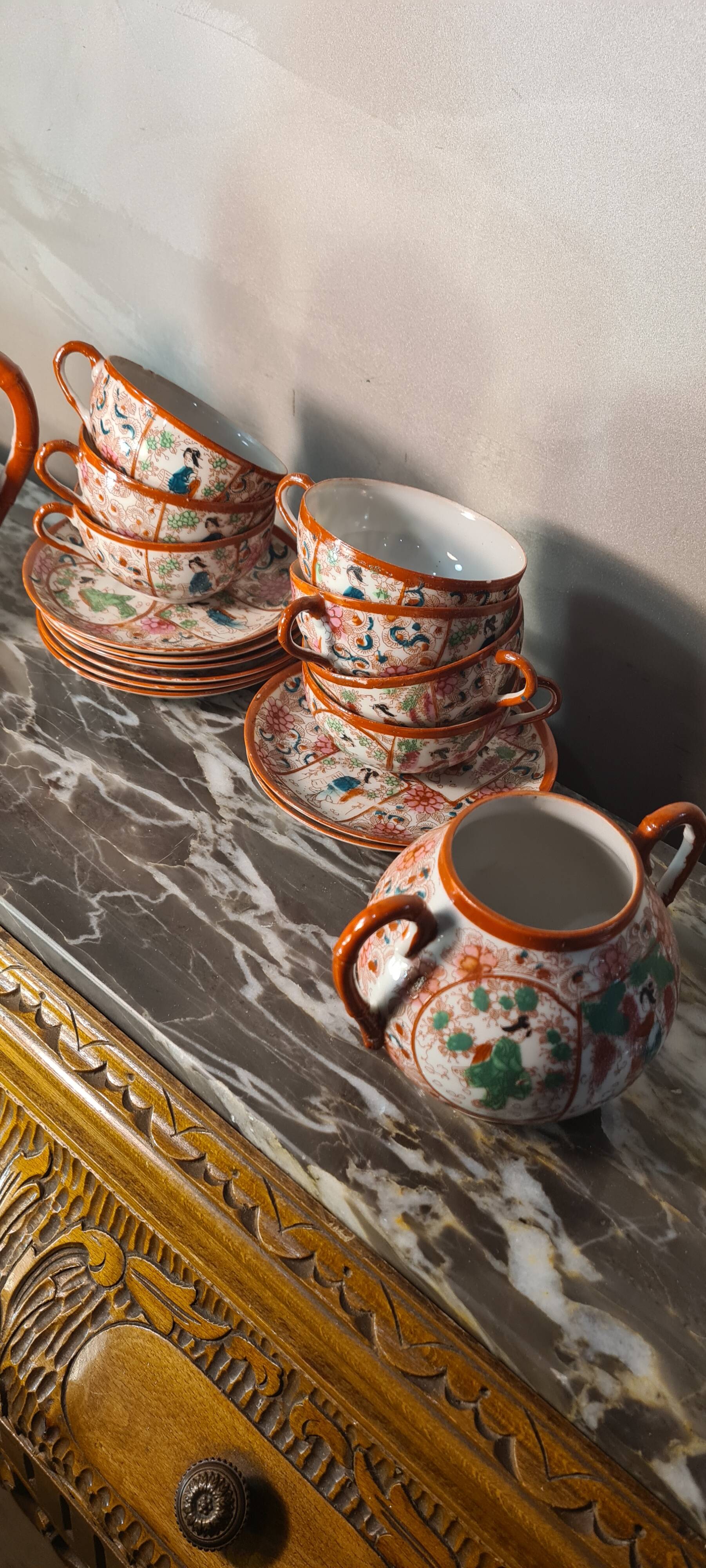 lot  7 tasses  porcelaine  the ou café    japonaise  et  theiere  1950 a 70