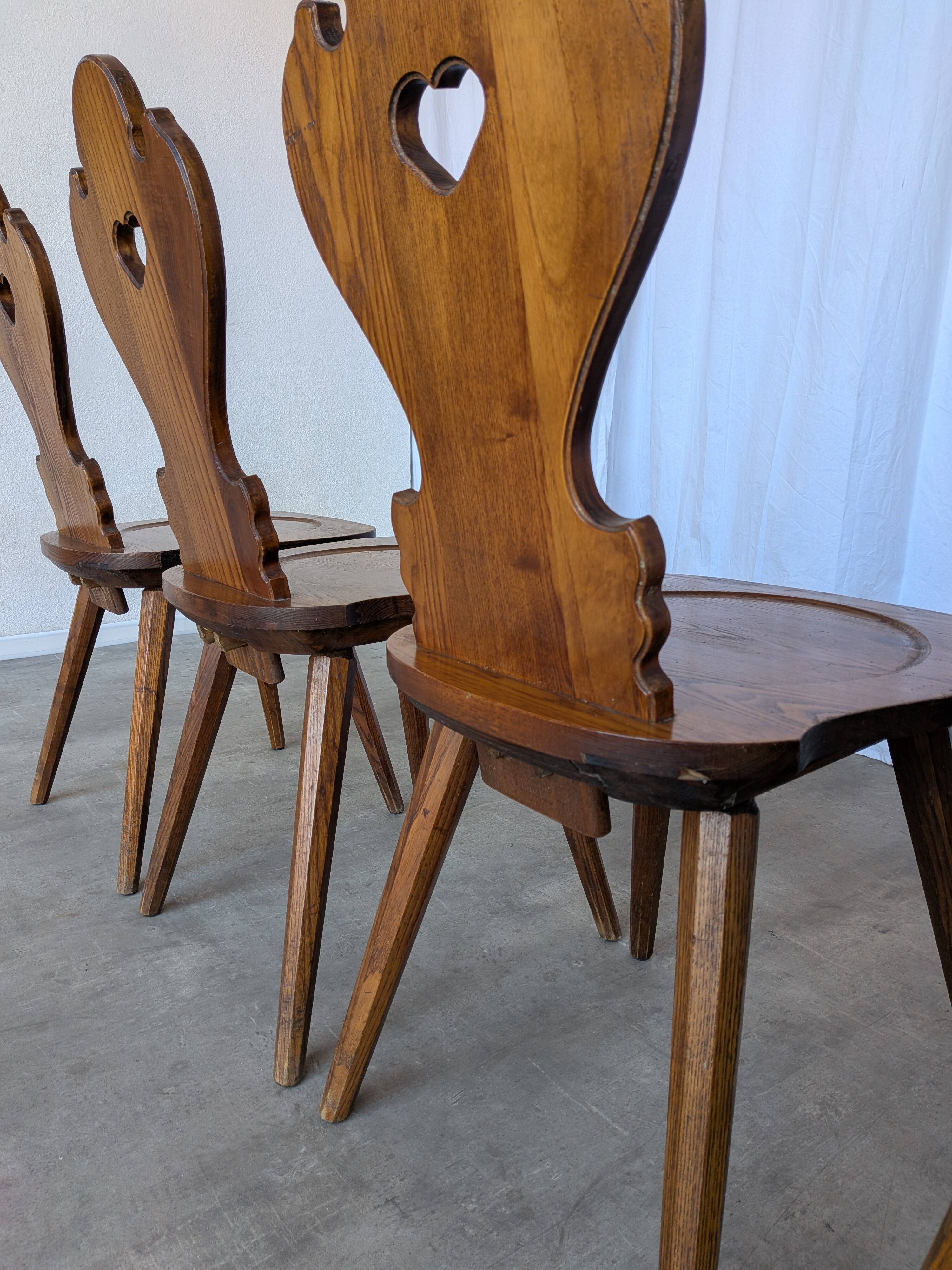 Set of 4 Farmhouse Tyrolean Chair with Heart Cutout Back / 1970s Vintage Di