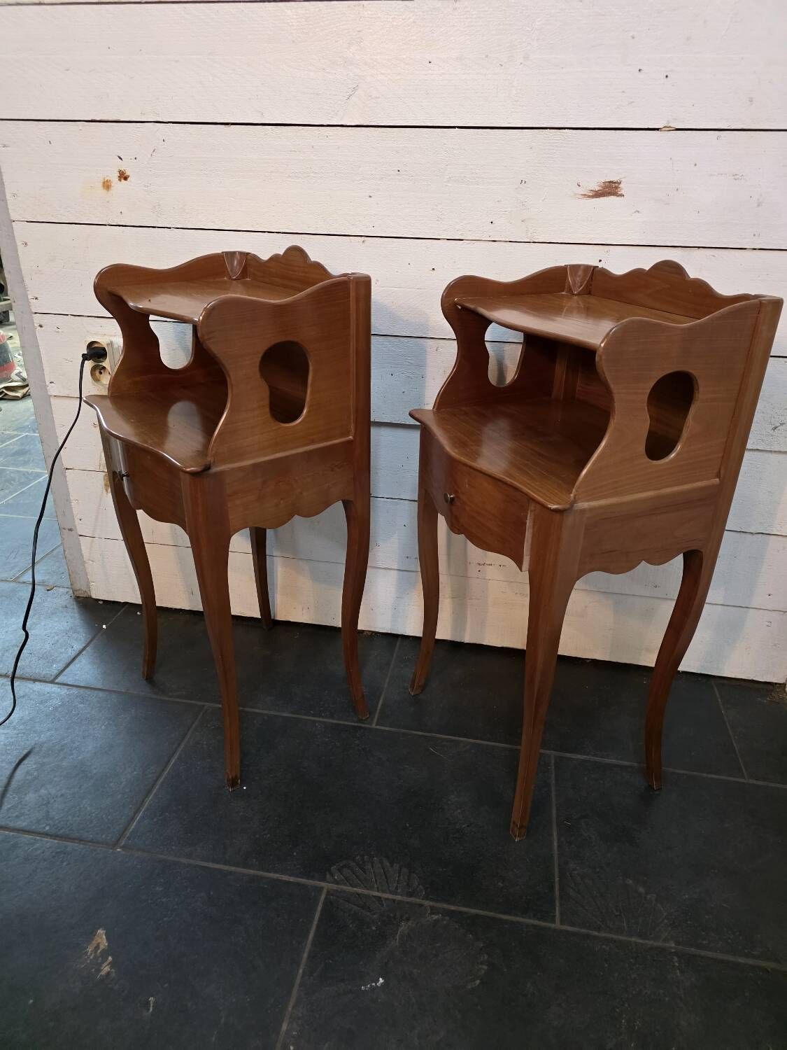 Pair of Louis XV style curved bedside tables in cherry wood