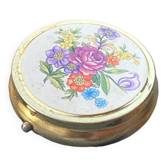 Pilulier vintage rond dorée motif fleuri