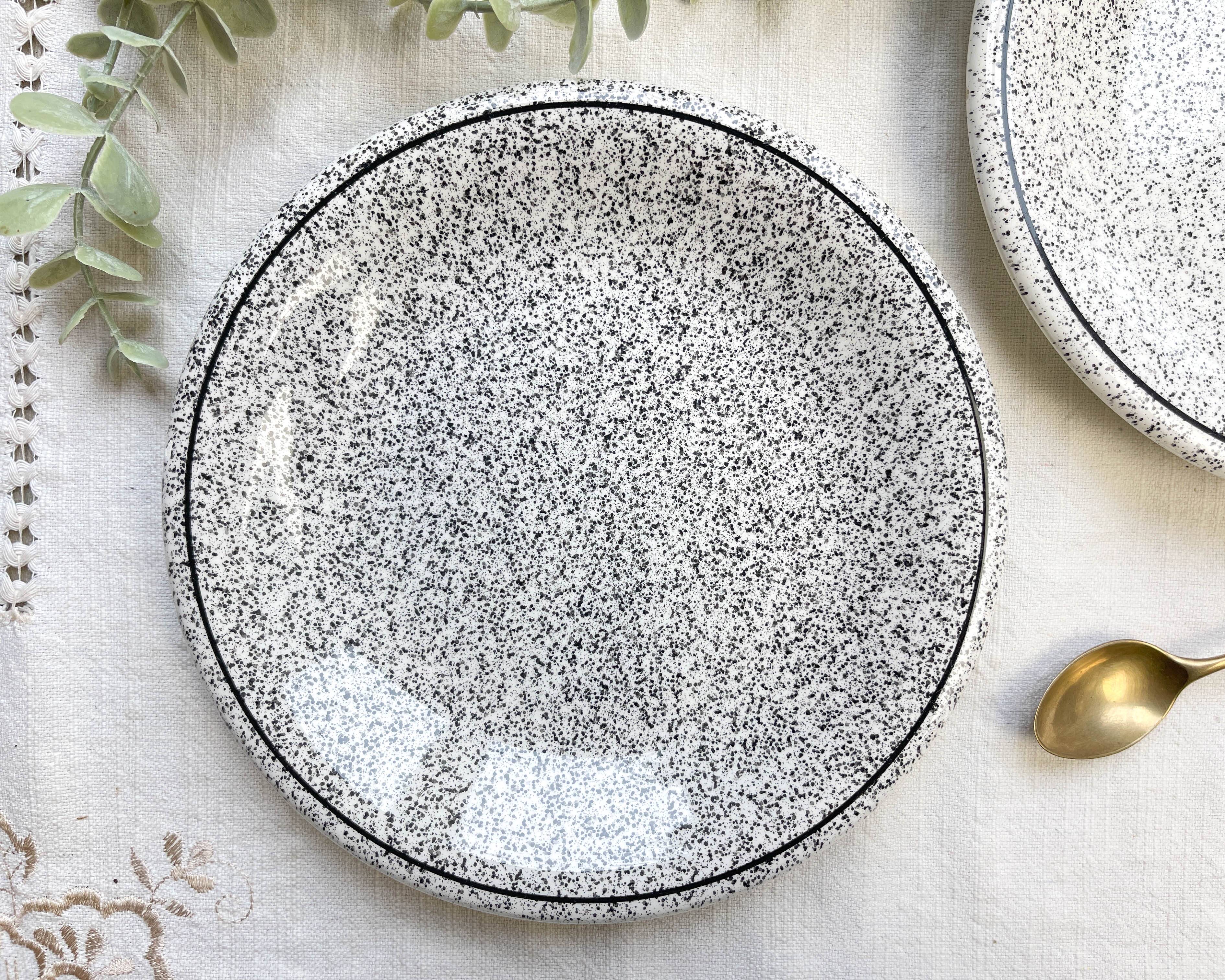 2 Small vintage plates in black and white speckled Italian earthenware