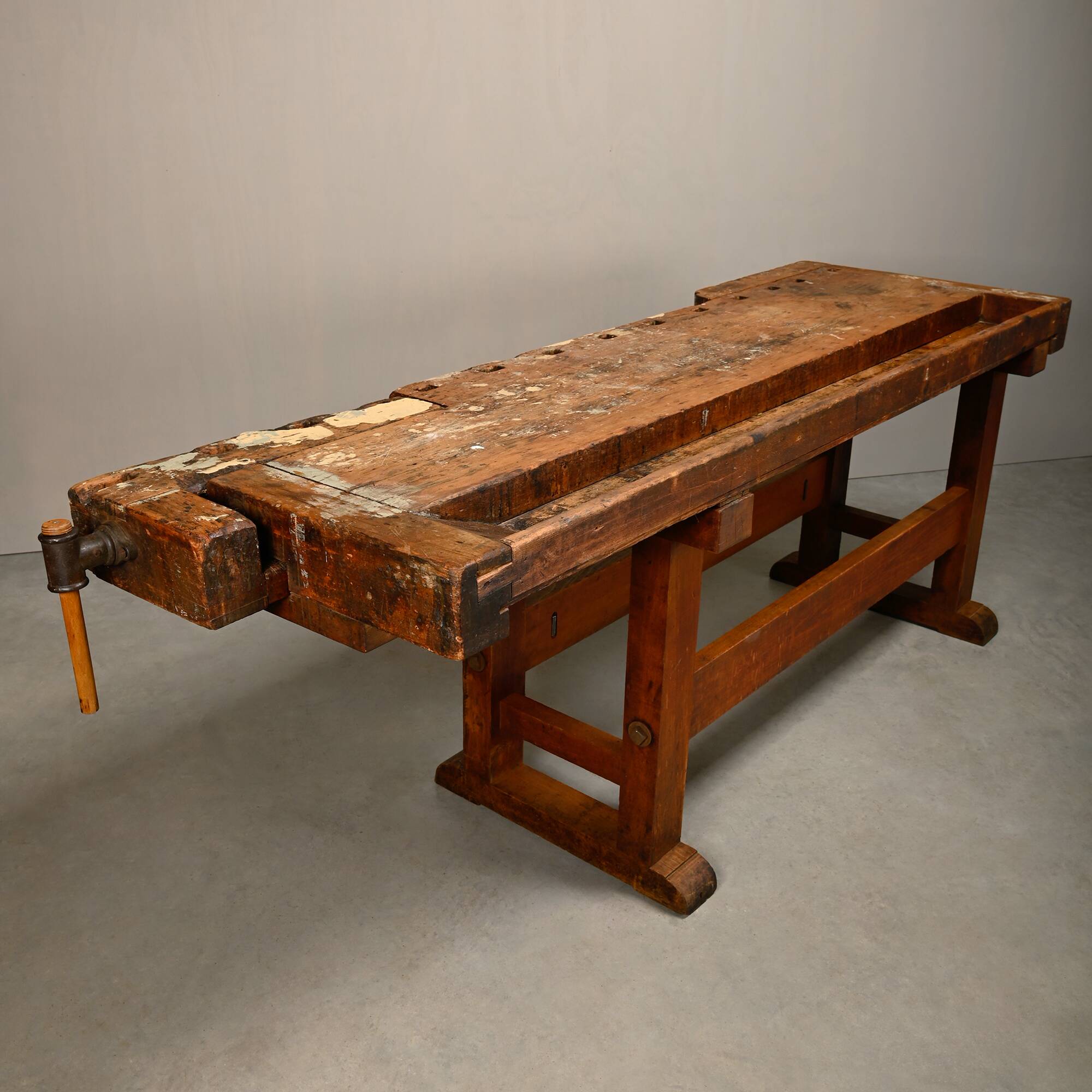 Vintage Wooden Industrial Rustic Carpenter’s Workbench with Two Vises