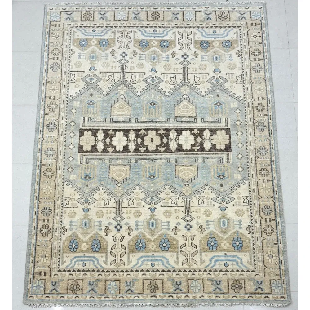 Hand-Knotted Wool Area Rug for Living Room, Decorative Oushak Blue and Ivory Floral Design Carpet