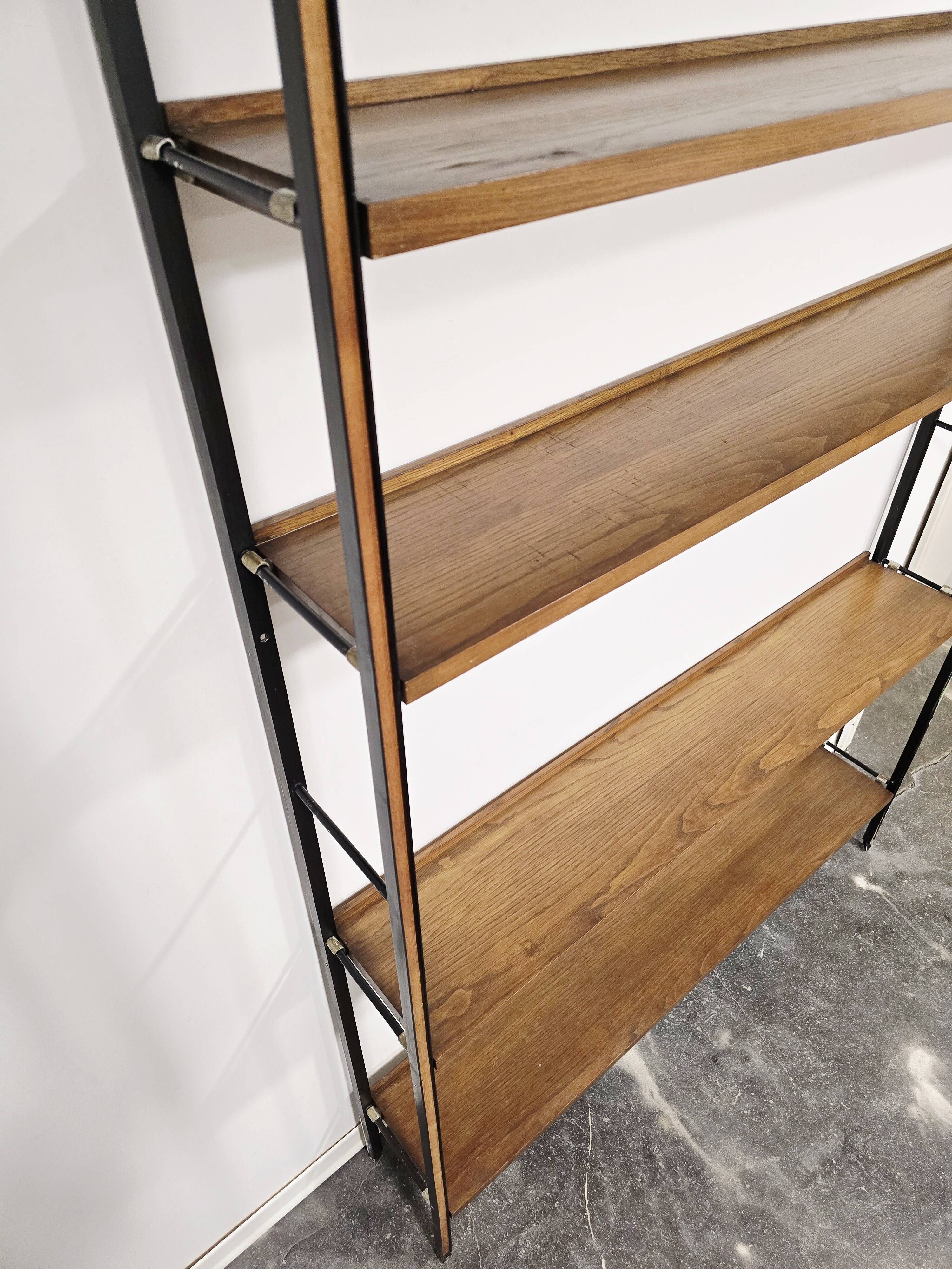 Vintage 1950s Mid-Century Modern Wall Shelving Unit – Hardwood & Alumi