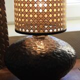 Stoneware lamp with cane shade