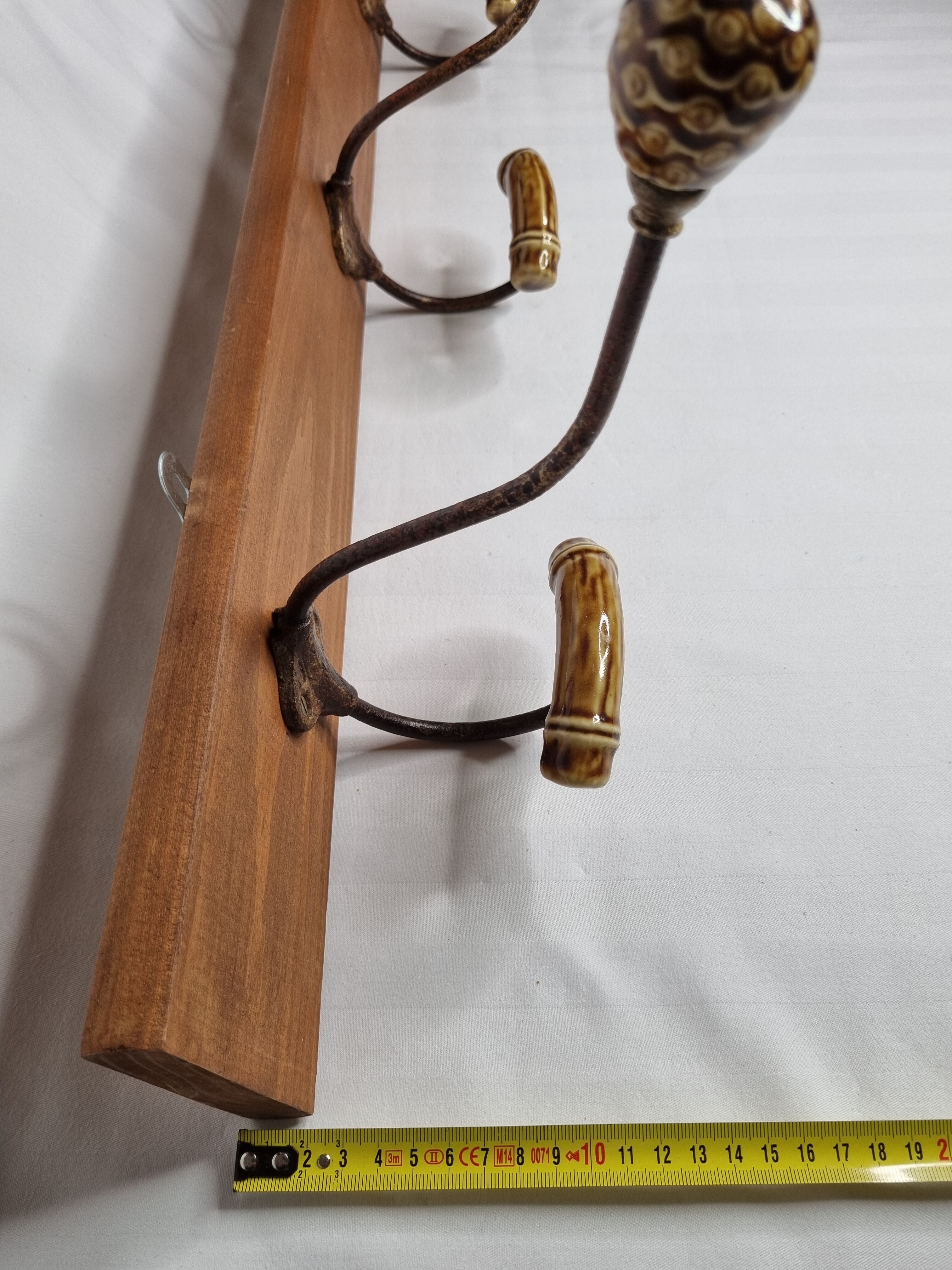 Wall coat rack, three metal and ceramic hooks in imitation of bamboo, 1900