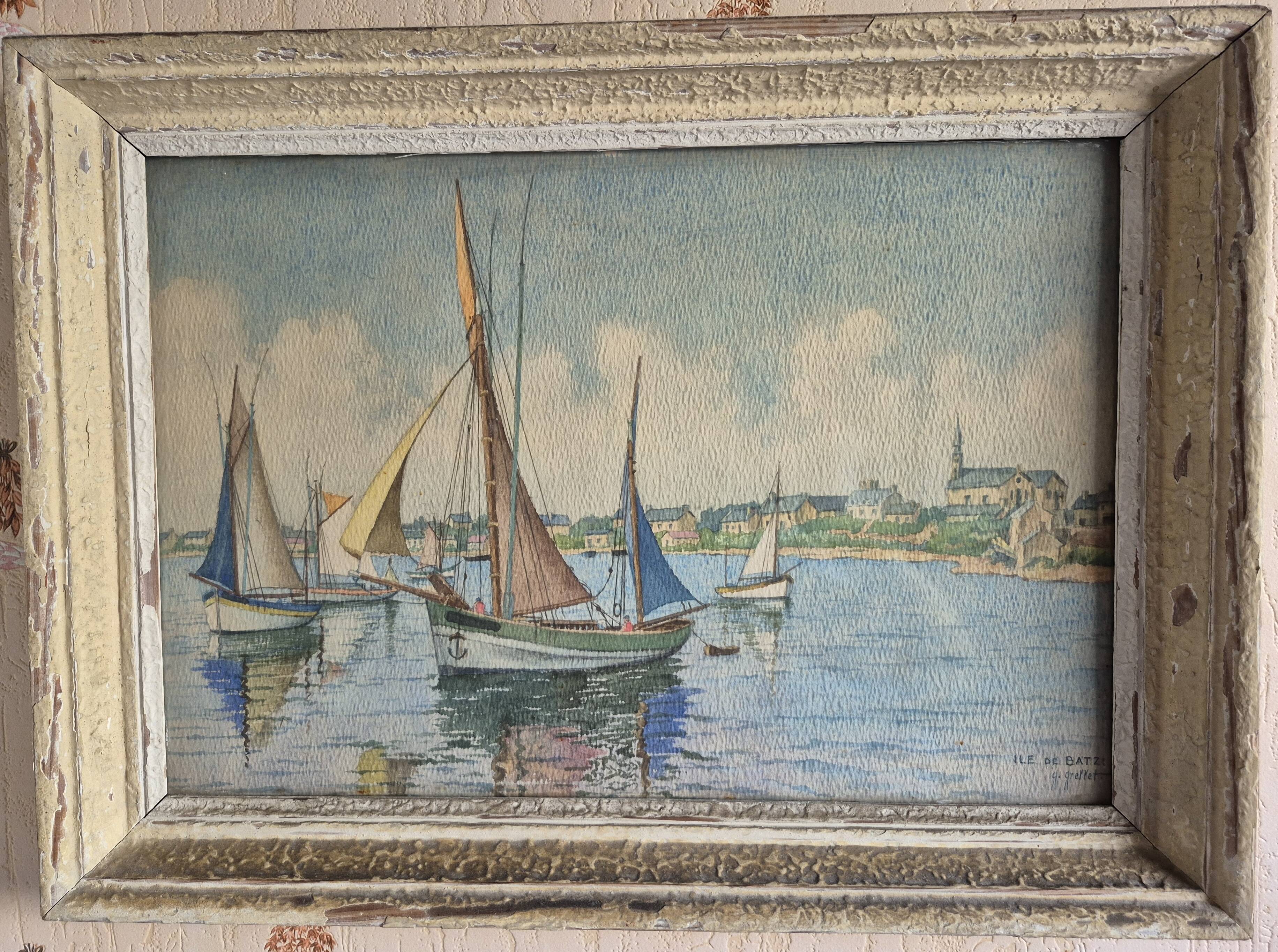 Framed watercolor by Geoges Grellet "Ile de Batz"