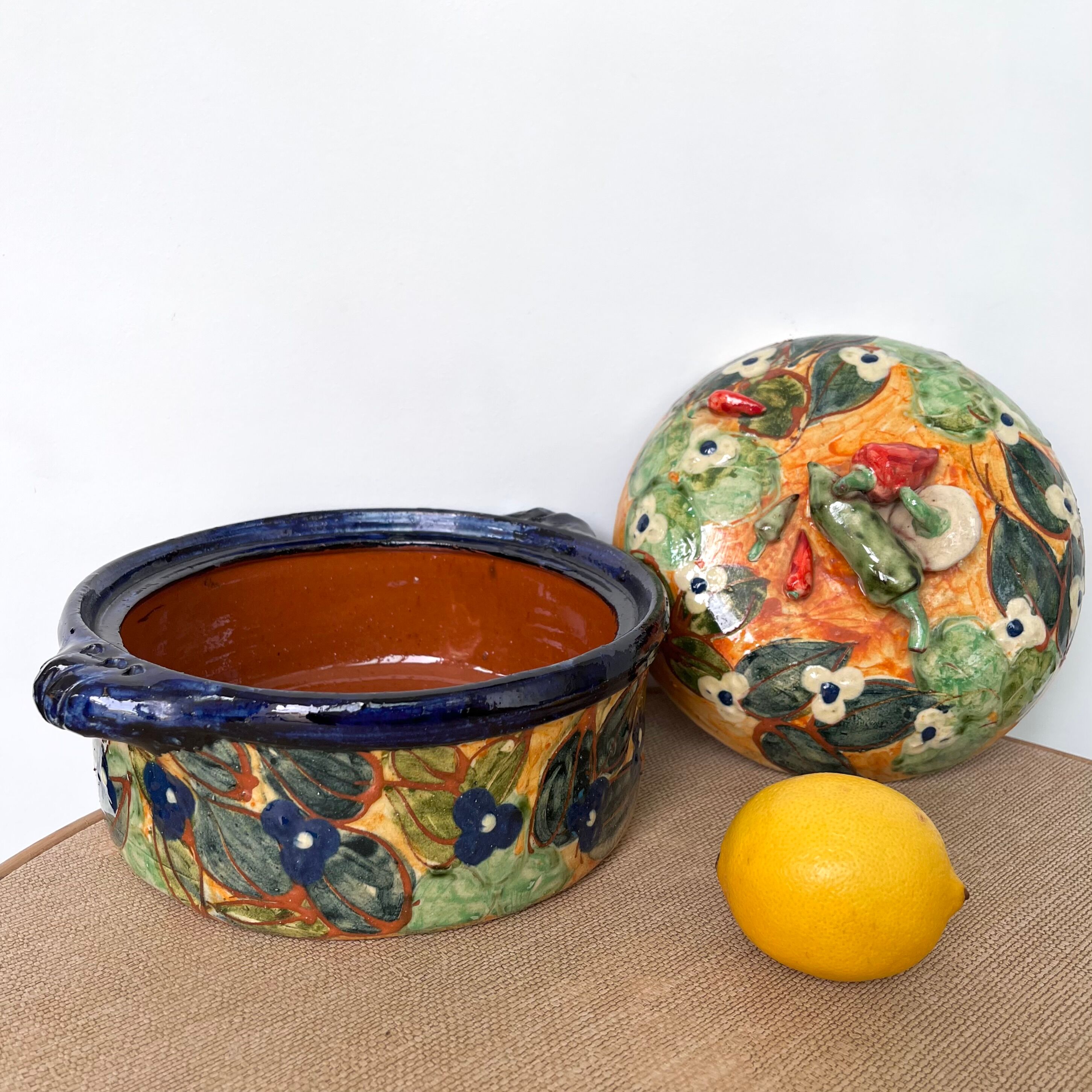 Old vegetable tureen in glazed terracotta