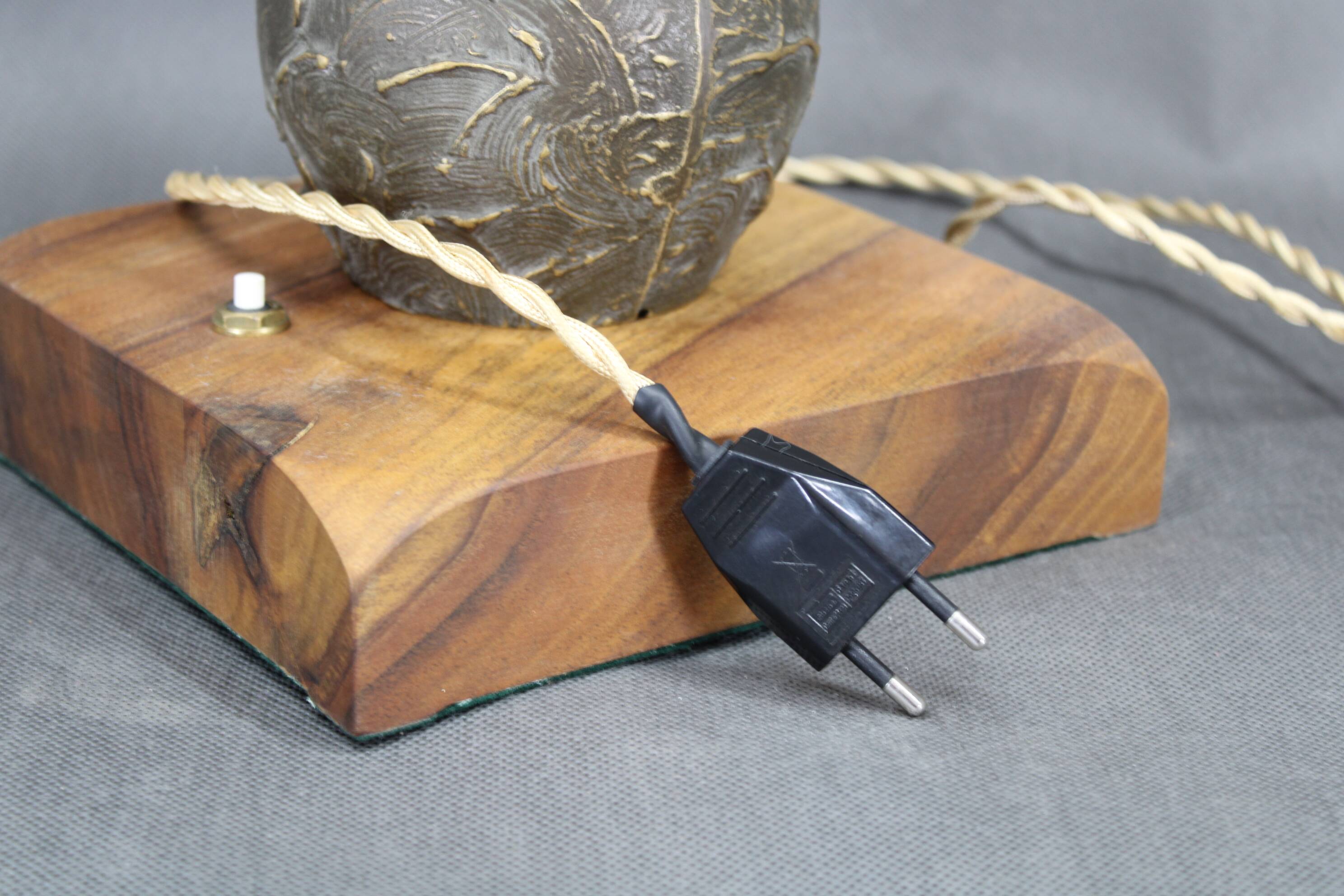 1940s restored brass table lamp with wooden base and glass shade