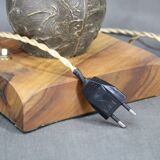 1940s restored brass table lamp with wooden base and glass shade