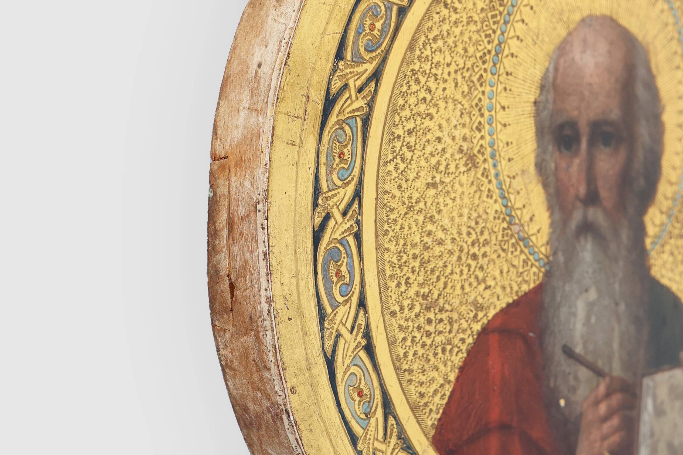 19th Century Round Icon of the Holy Apostle John the Theologian in Oak & Go