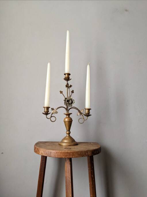 Antique candle holder old brass sunflower baroque countryside three branches