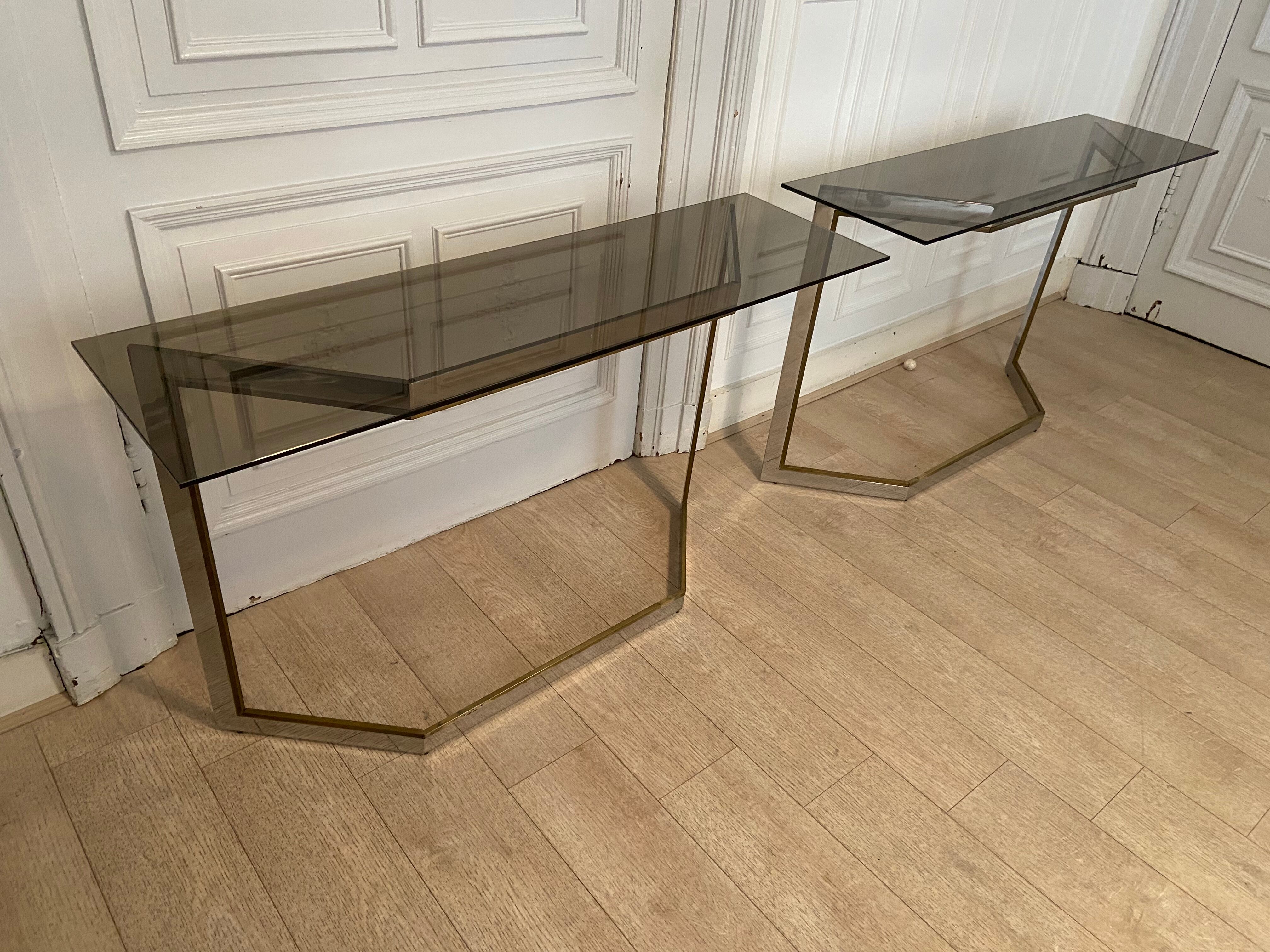 Pair of chrome metal consoles and smoked glass, Italy, 1970s