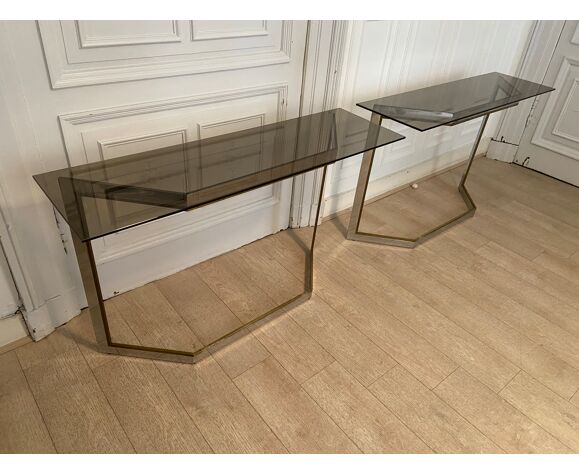 Pair of chrome metal consoles and smoked glass, Italy, 1970s