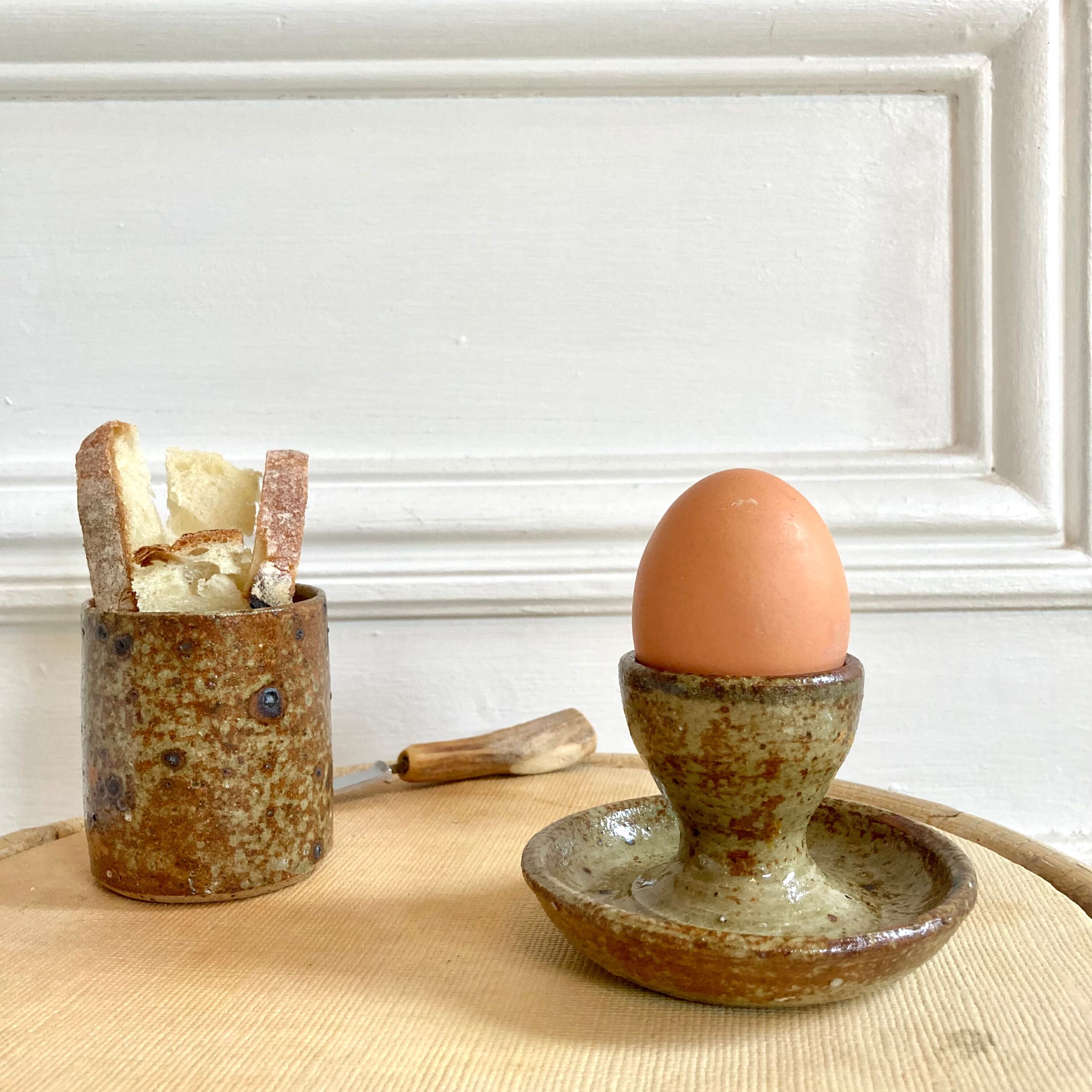 Egg cup and bowl set in pyrite stoneware