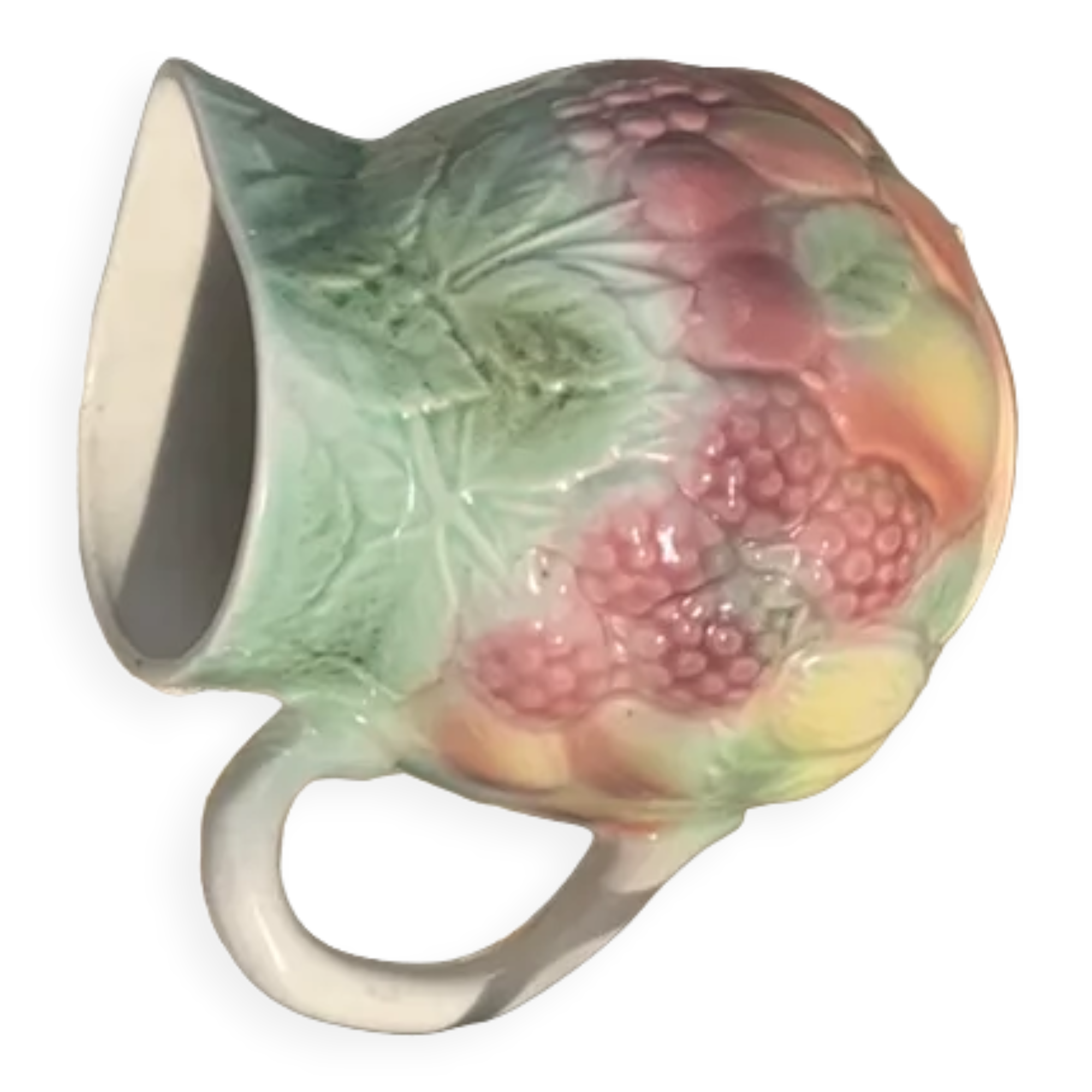 Pitcher, slurry carafe with fruit pattern, vintage glazed ceramic