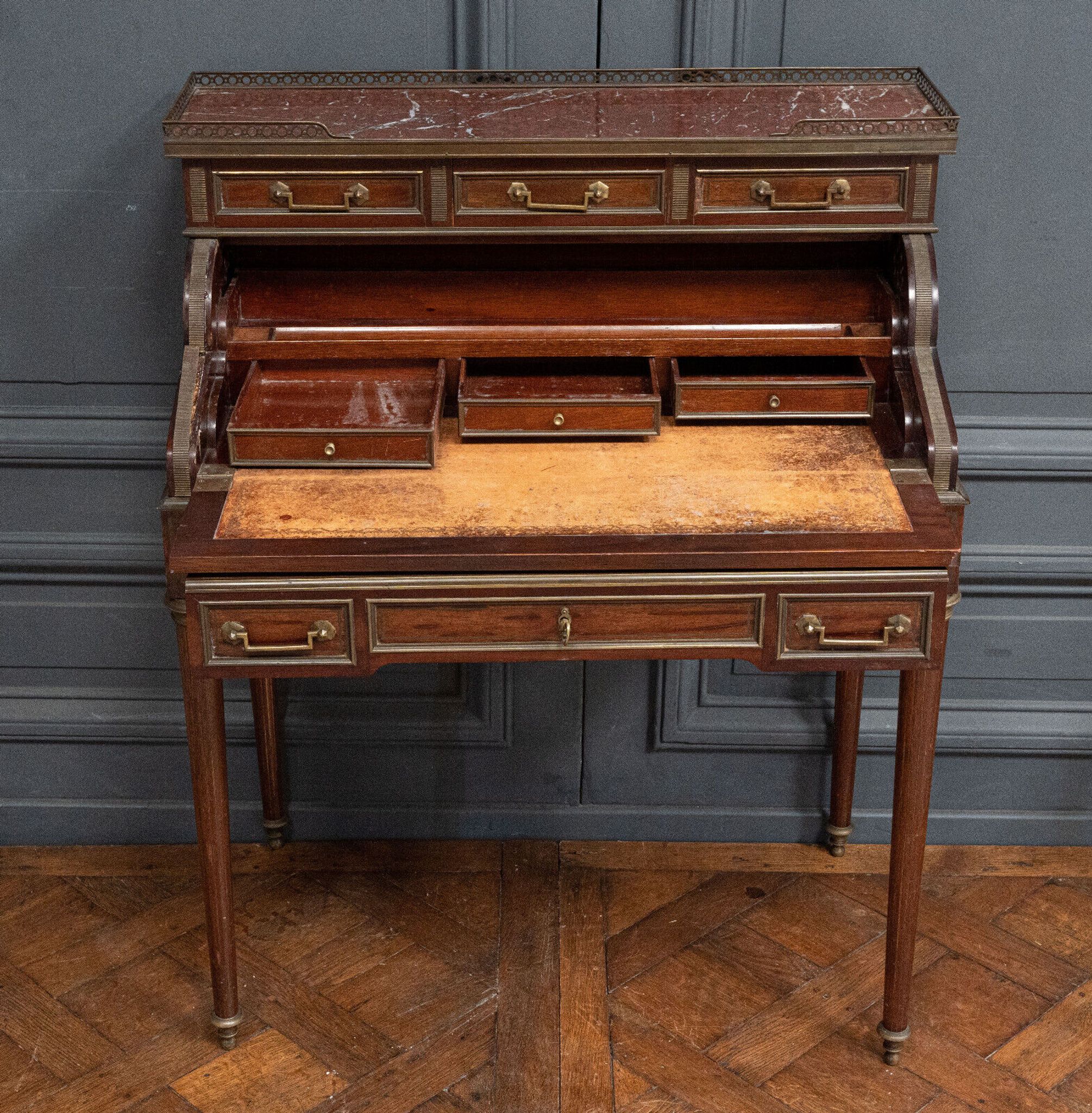 Mahogany cylinder desk nineteenth style Louis XVI red marble