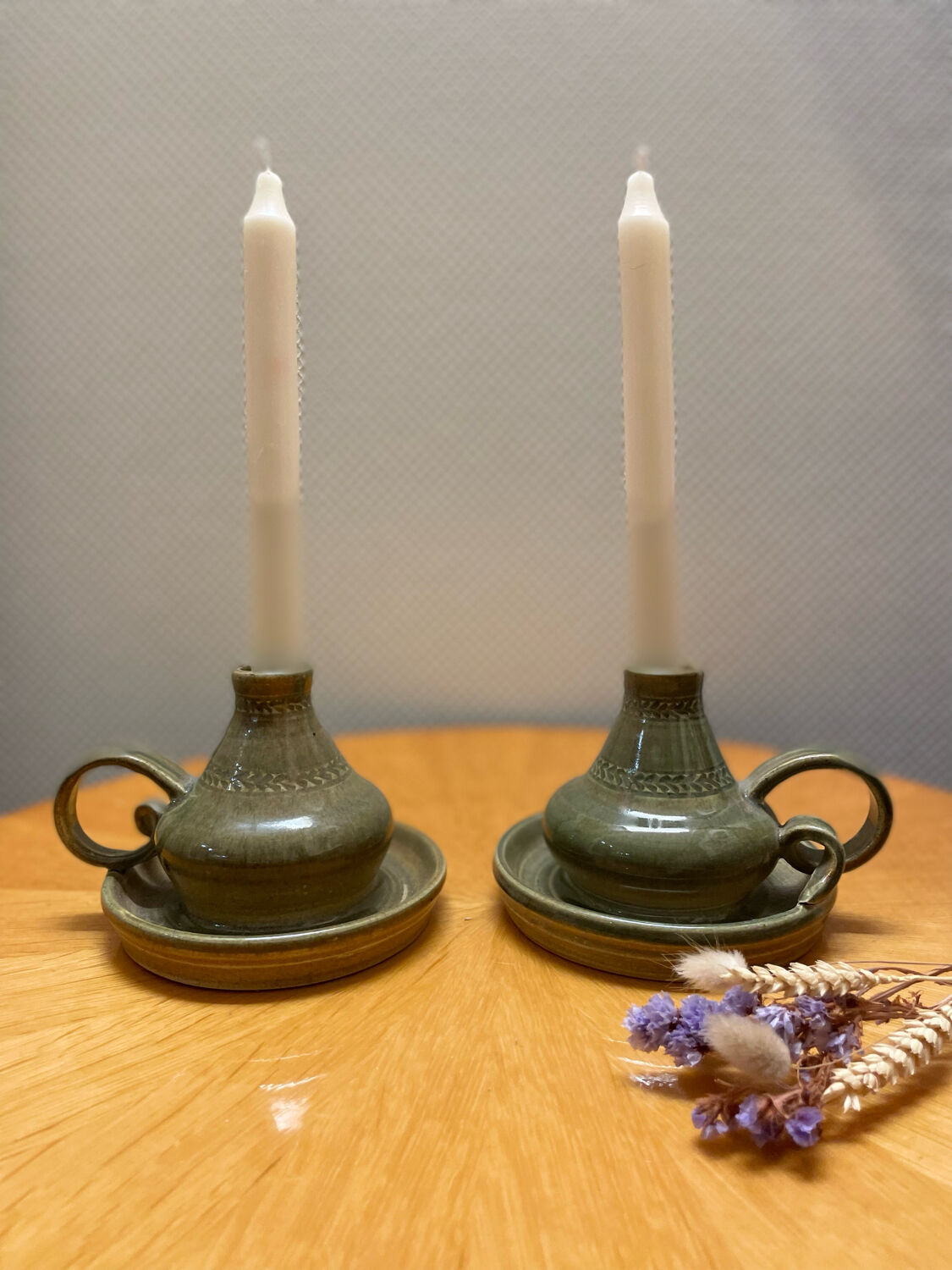 Pair of vintage glazed stoneware candle holders