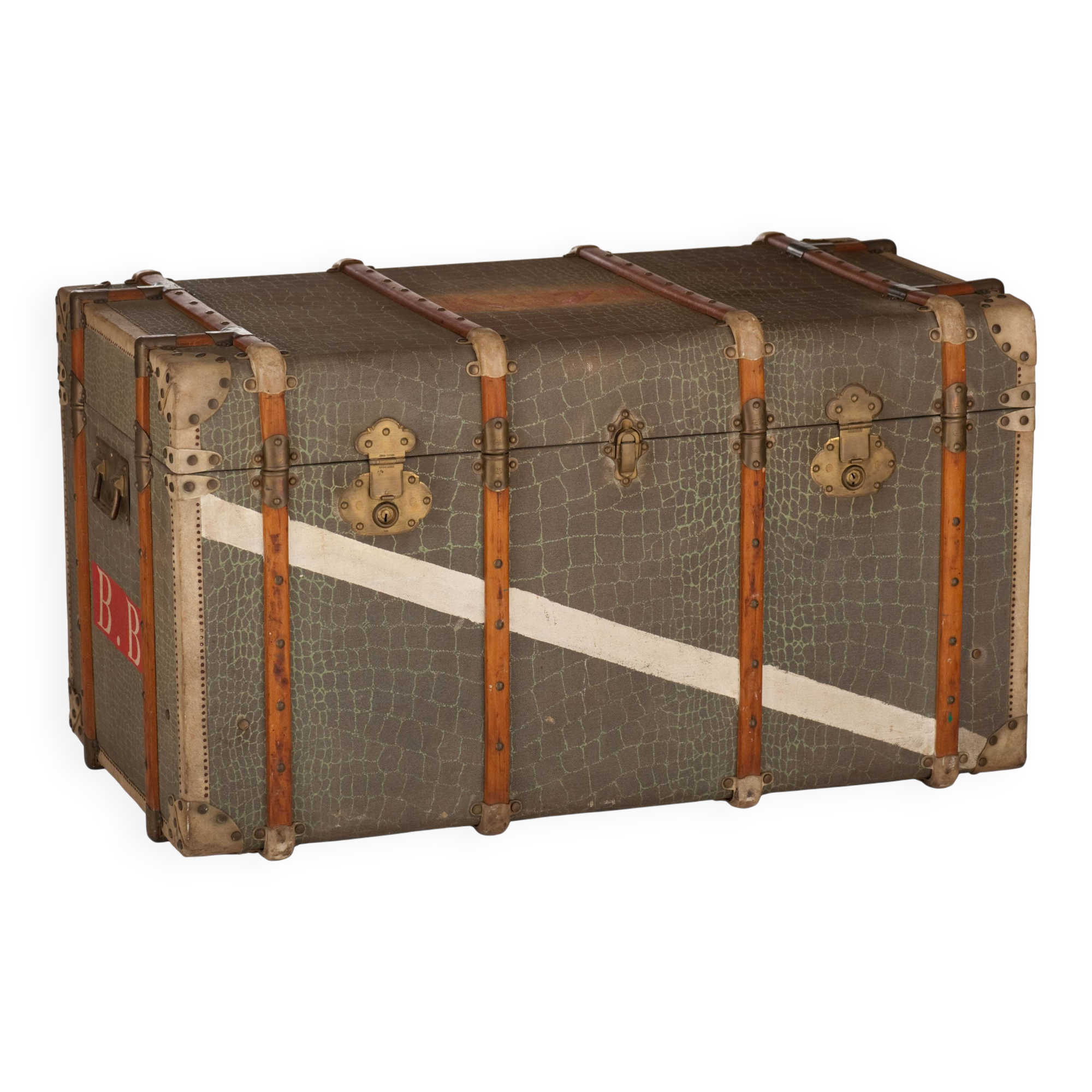Anc Large cabin trunk in khaki canvas with a snakeskin effect, wood & brass