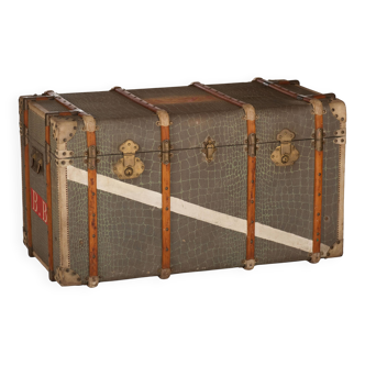 Anc Large cabin trunk in khaki canvas with a snakeskin effect, wood & brass