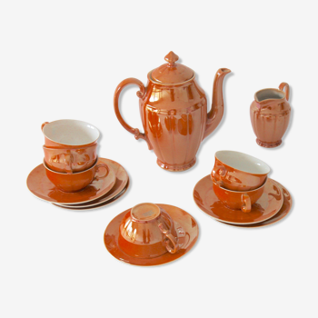 Théière, pot à lait, 6 tasses et sous-tasses en porcelaine lustrée Czechoslovakia.