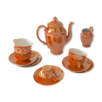 Théière, pot à lait, 6 tasses et sous-tasses en porcelaine lustrée Czechoslovakia.