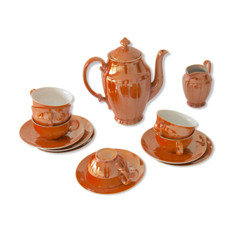 Teapot, milk pot, 6 cups and czechoslovakia glossy porcelain cups.