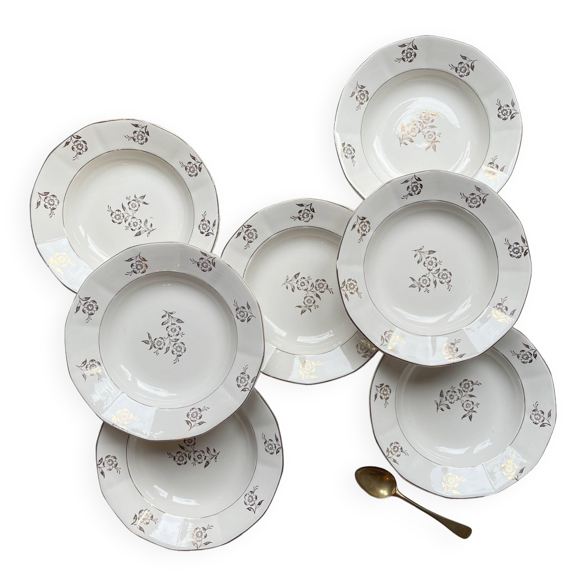 7 vintage porcelain soup plates Digoin Sarreguemines model Raphael with golden flower motif