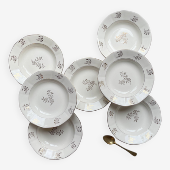 7 assiettes creuses porcelaine vintage digoin sarreguemines modèle raphael motif fleurs dorées
