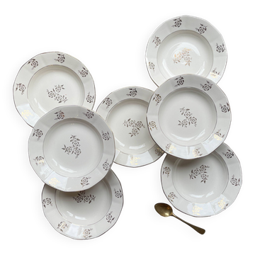 7 vintage porcelain soup plates Digoin Sarreguemines model Raphael with golden flower motif