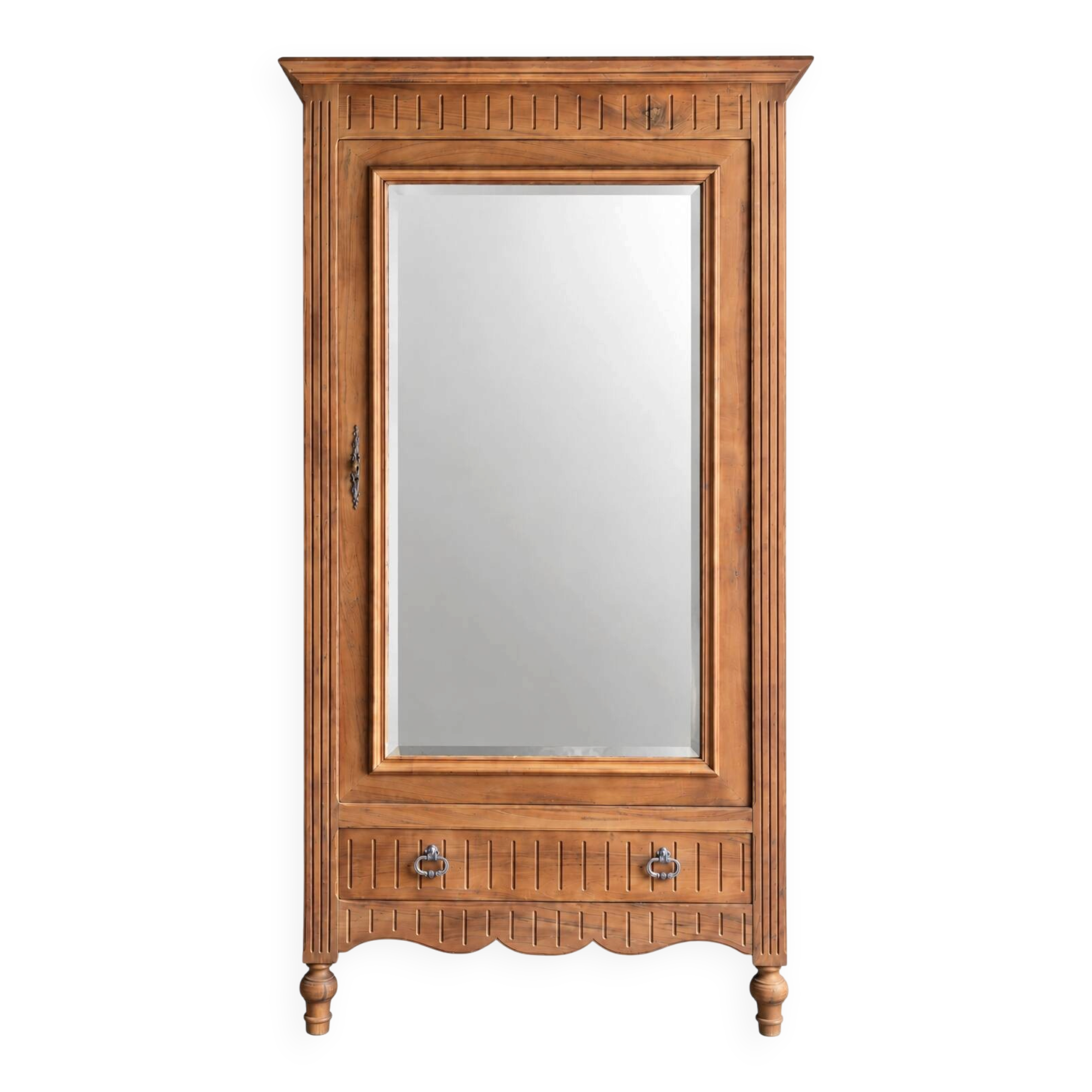 Antique walnut bonnetière with bevelled mirror.