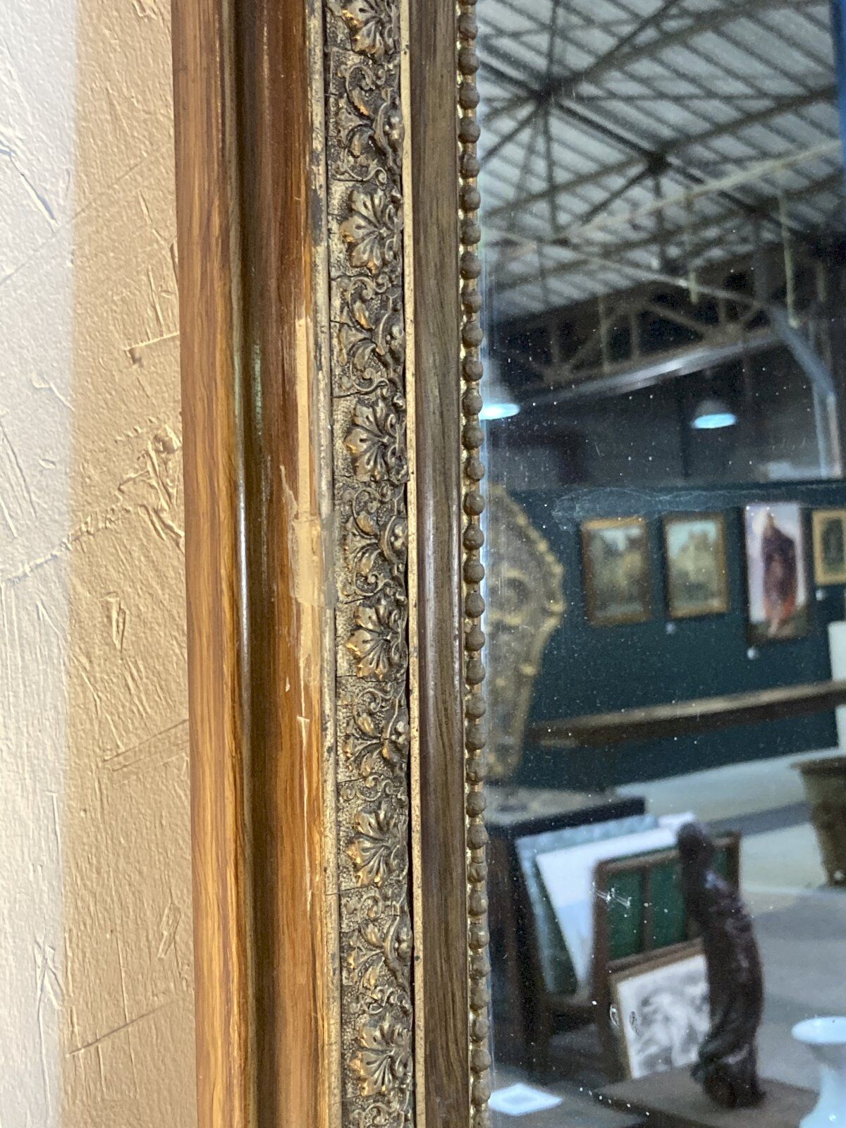 Fireplace mirror - varnished wood and gilded stucco with palmette decoration