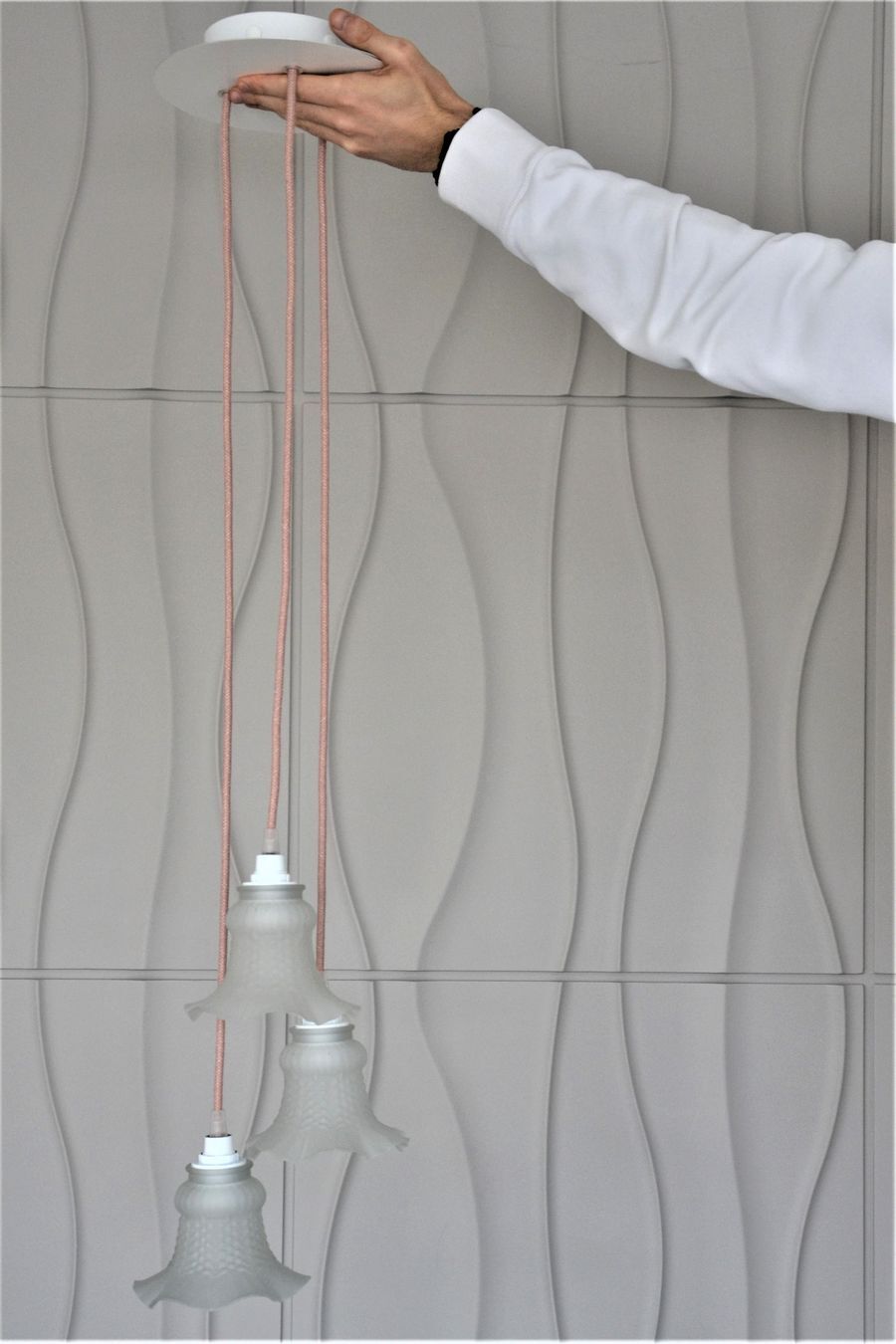 Vintage chandelier 3 pendants with glass tulip lampshades and pink cord