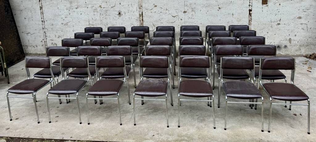 Series of 42 civic chairs year 1970 stackable chrome and skai