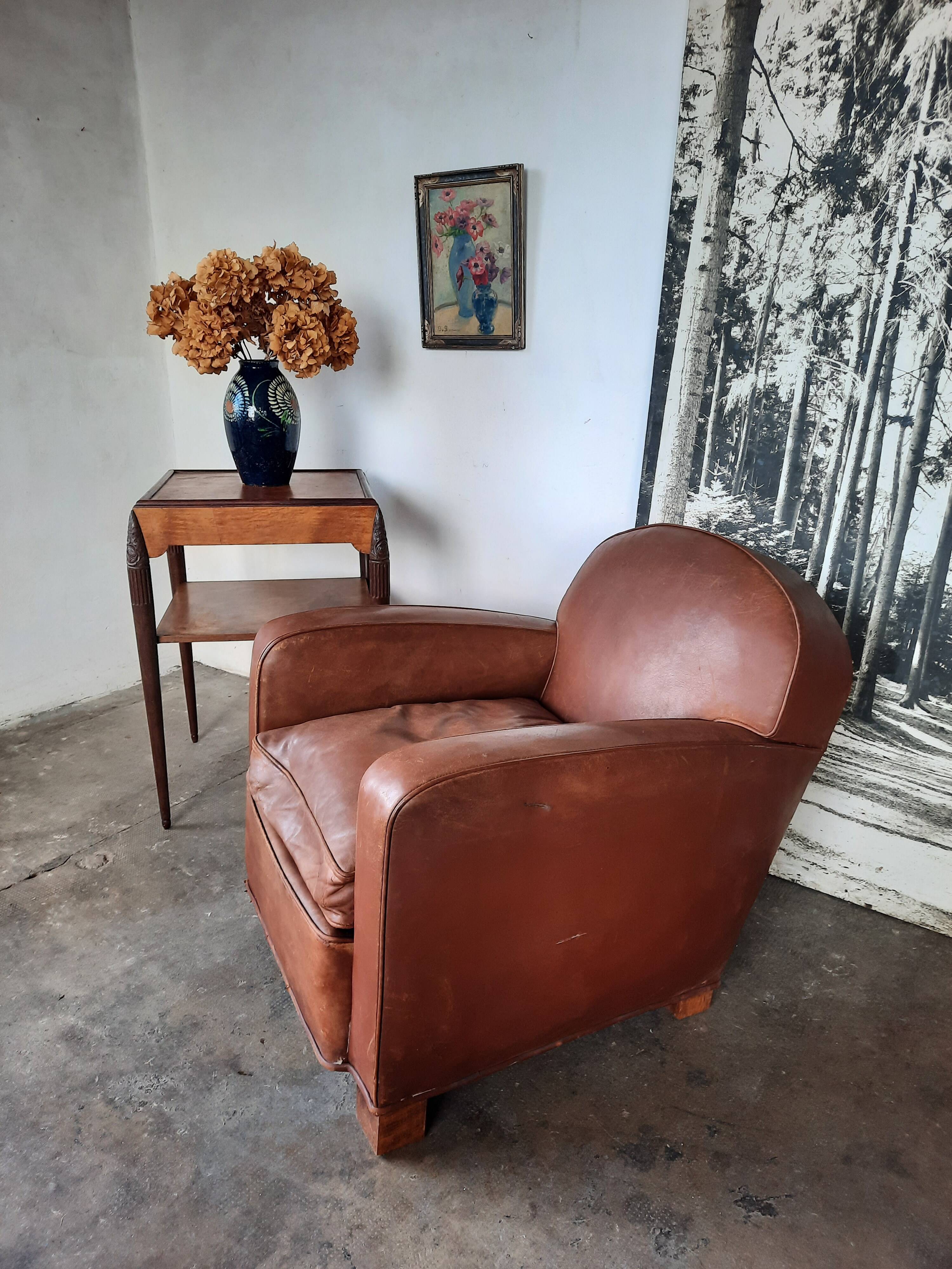 Leather club armchair, art deco