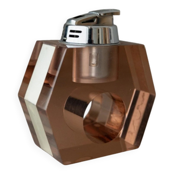 Briquet de table en plexiglas abricot par Astrolite avec cadre en argent - sculpture italienne des années 1970 de l'ère spatiale.
