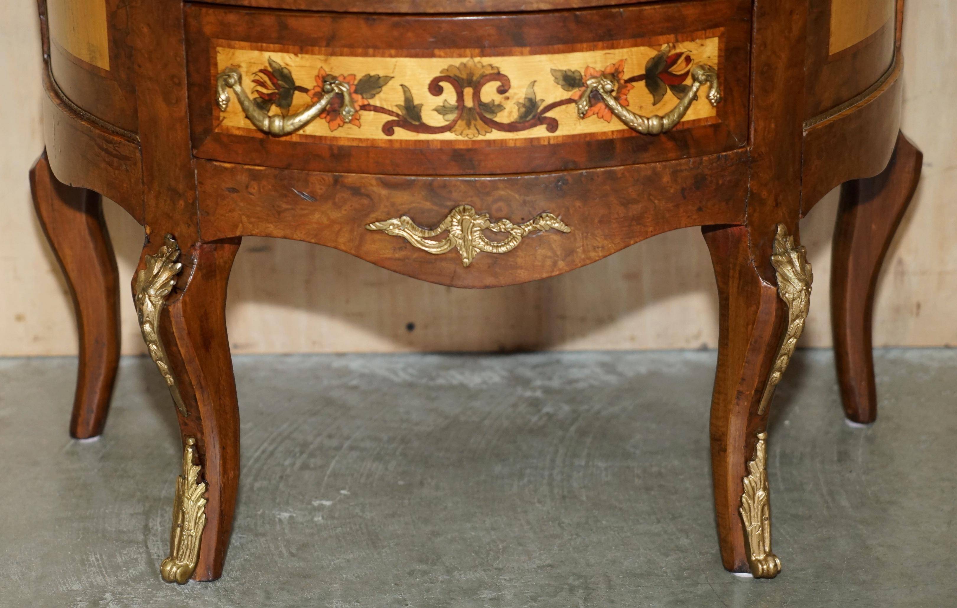 Vintage 1940s demi-lune buffet in burr walnut and satin wood.