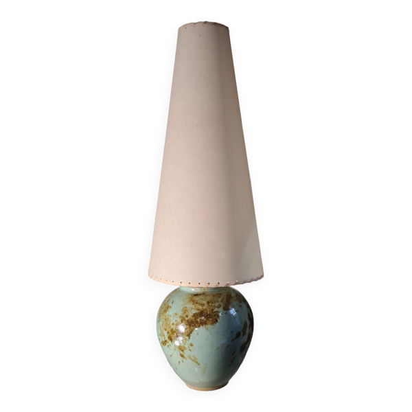 Grande lampe ceramique bleu vert vernisé signé palmier 1970 , h75x20 abat jour legere trace
