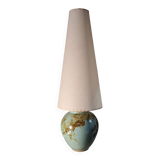 large glazed blue green ceramic lamp signed palm tree 1970, h75x20 light trace lampshade