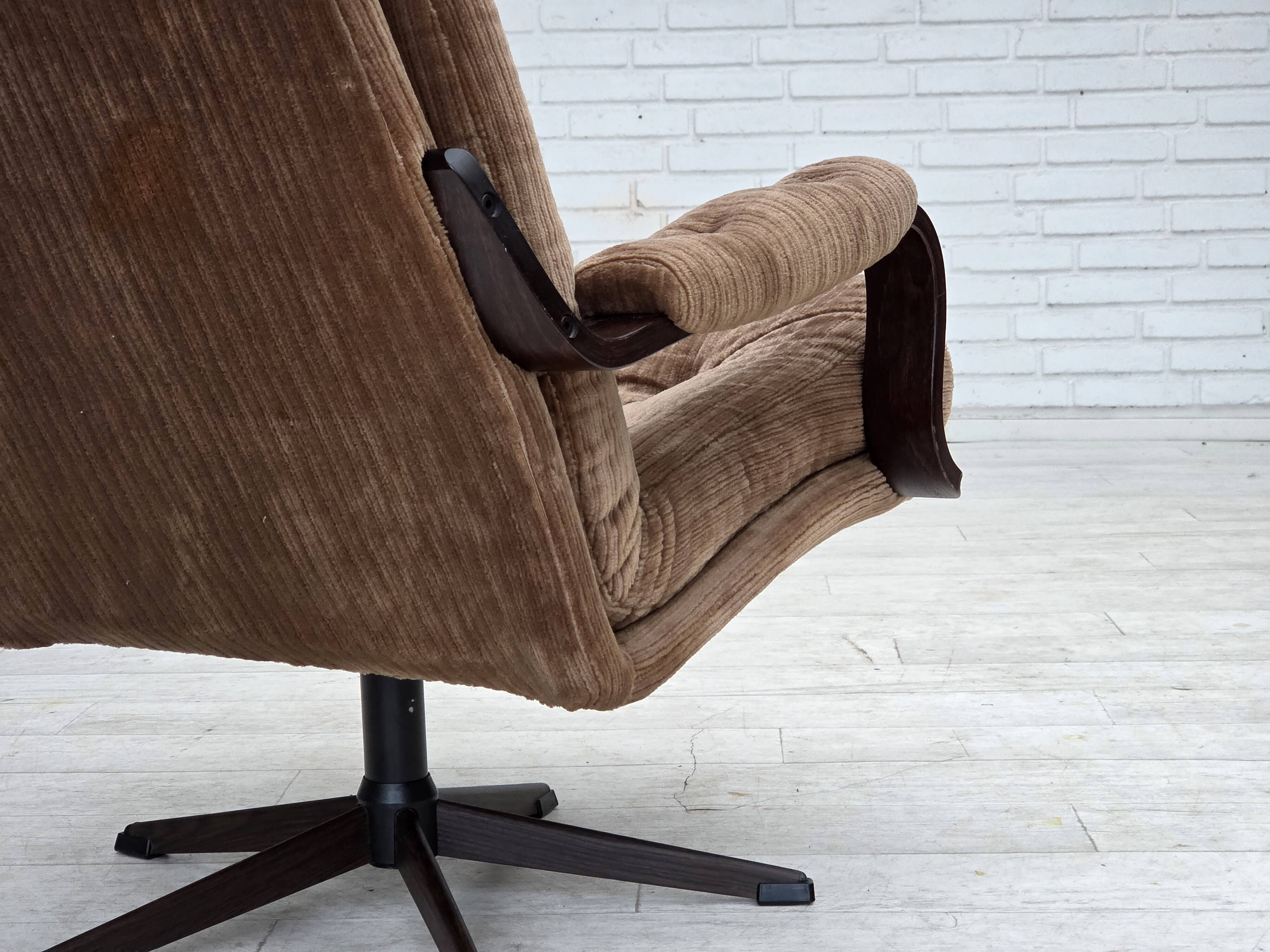 1970s, Danish swivel armchair, furniture corduroy, dark beech wood.