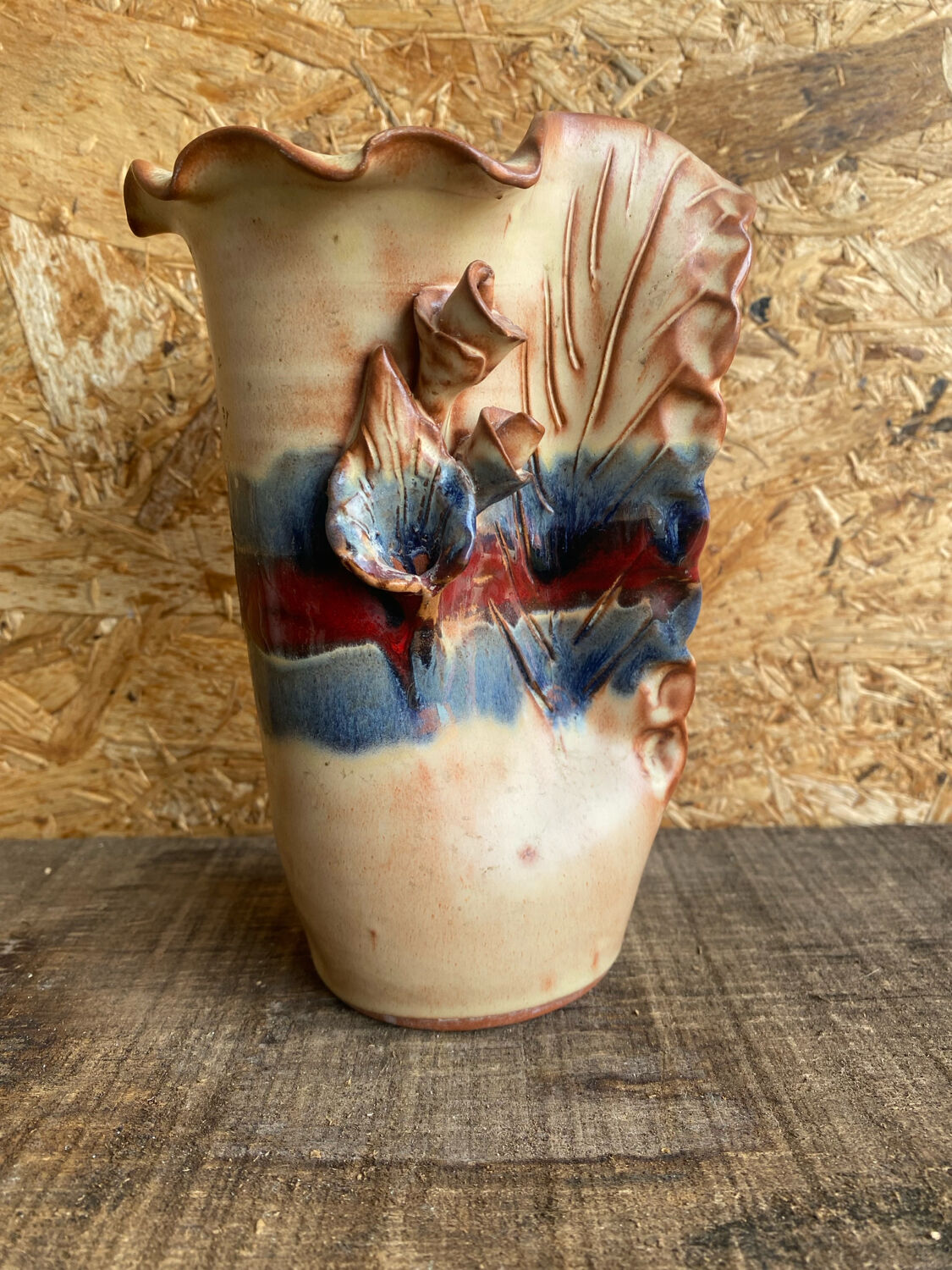 Vintage Beige Glazed Terracotta Vase with Relief Flower Decoration