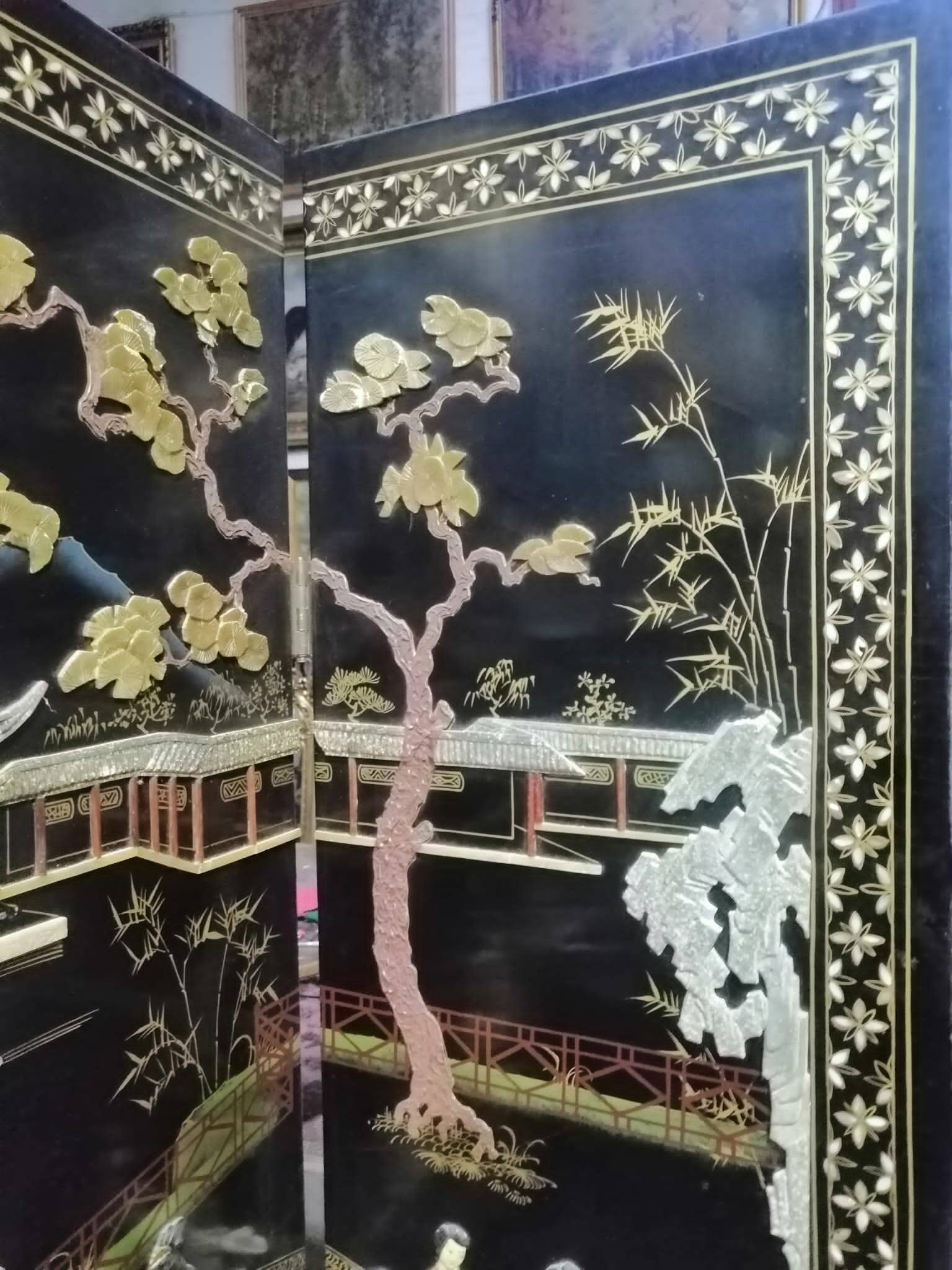 Antique Chinese bedroom screen, inlay of soapstone, jade, ivory, mother-of-pearl