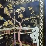 Antique Chinese bedroom screen, inlay of soapstone, jade, ivory, mother-of-pearl